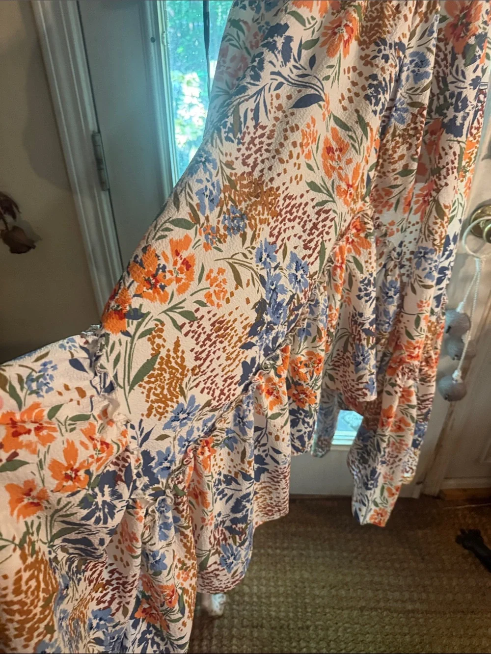 Floral High-Low Maxi Skirt in Cream with Blue & Orange Print with Pockets Small